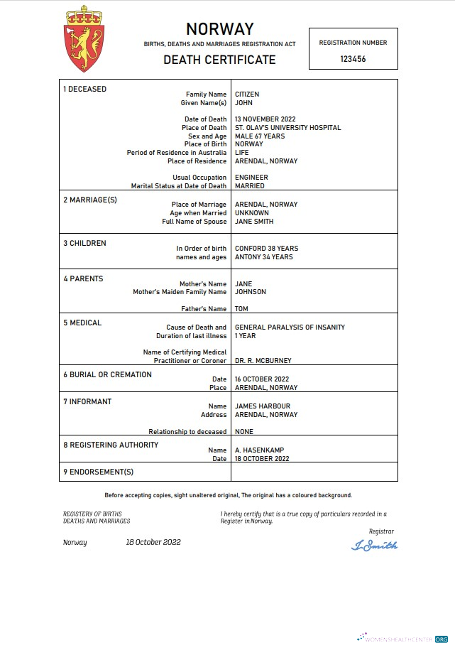Download Norway vital record death certificate Word and PDF template Photoshop template